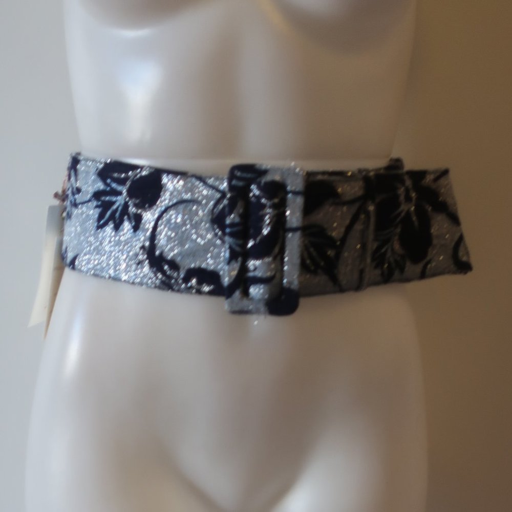 *Womens LoveShackFancy Blue Silver Metallic Brocade Eleanor Belt OS